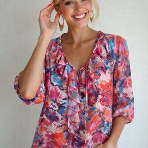 Bold floral patterned blouse with front ruffles, semi sheer